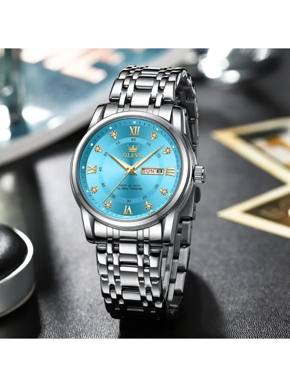 Men's Silver Blue Quartz Stainless Steel Waterproof Luminous Luxury Wooden Watch